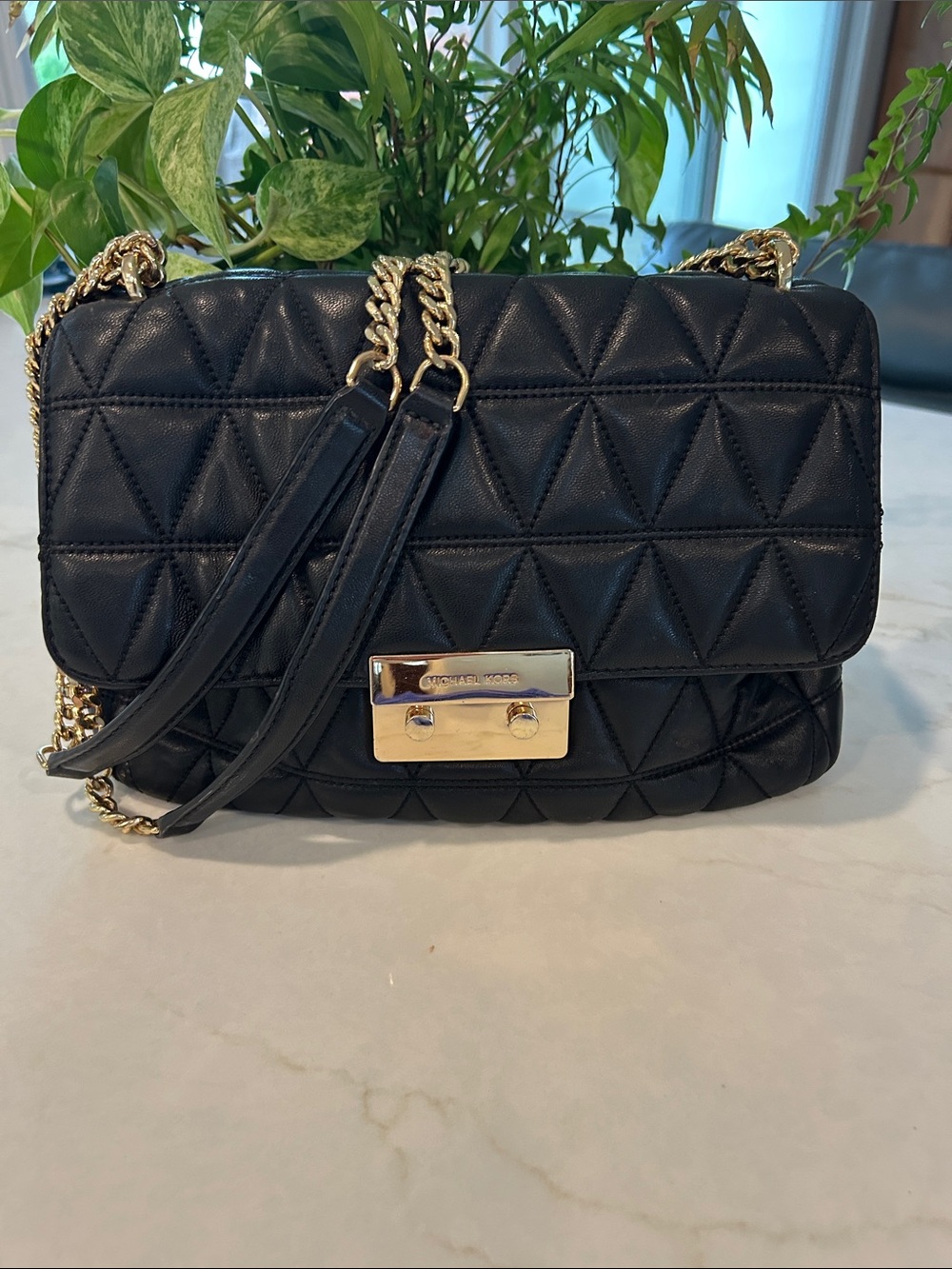 Michael Kors Sloan Large Quilted Leather Shoulder Bag Black/Gold 10.5" W x 6”H